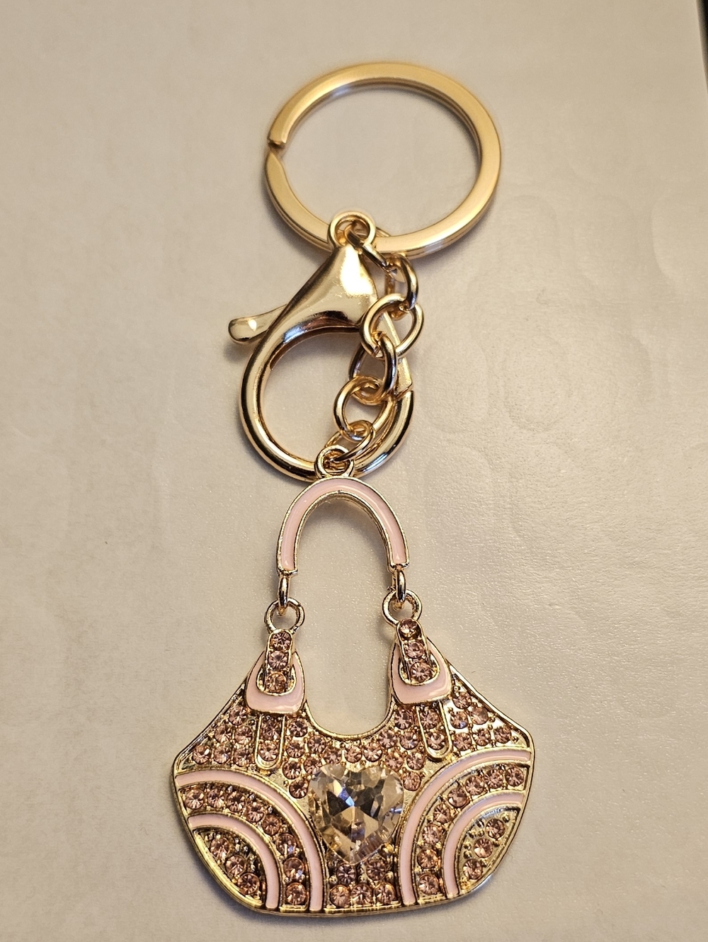 Gold-Tone Pink Crystal Purse Keychain Charm